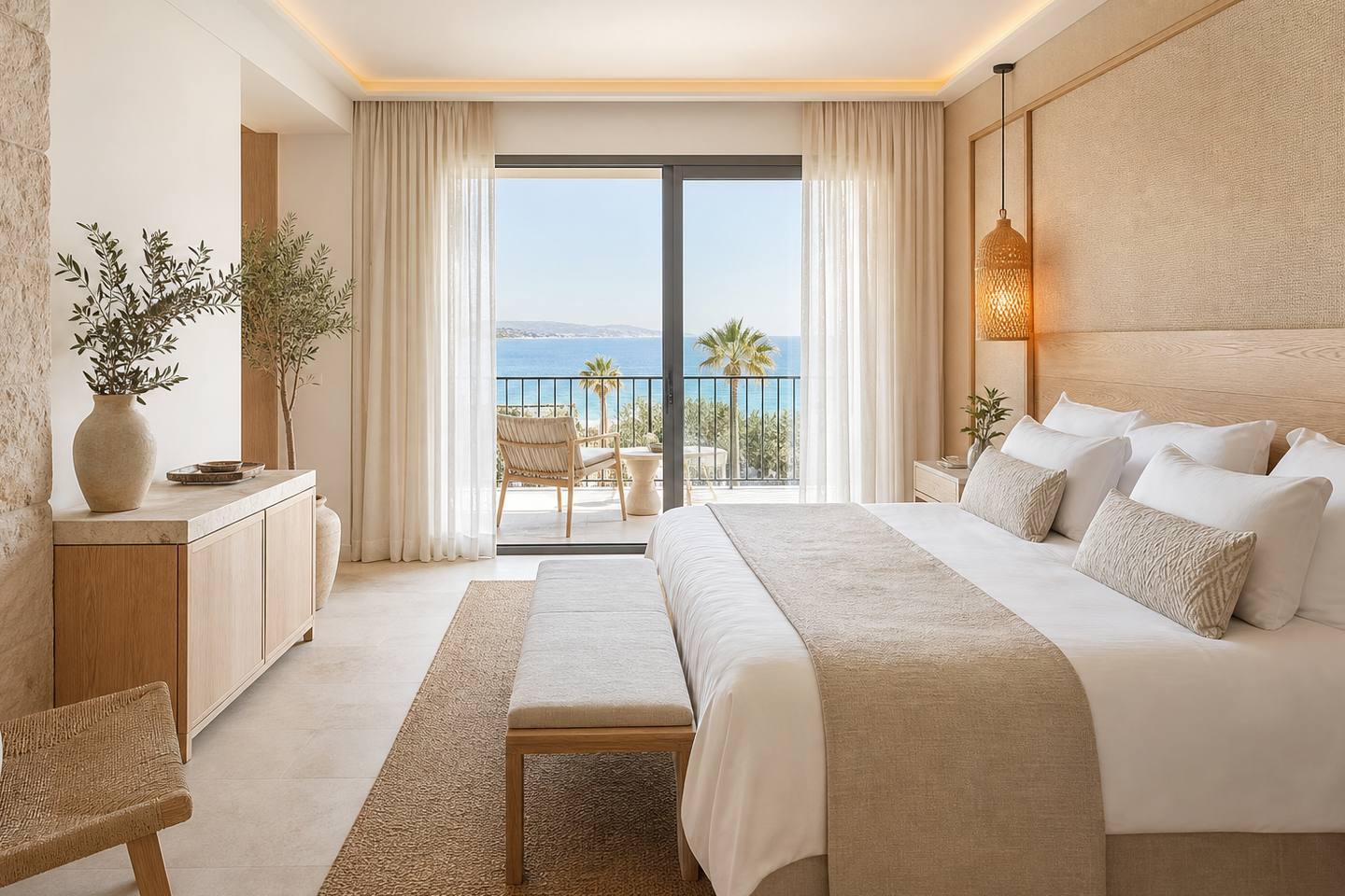 KI-generiertes redaktionelles Stimmungsbild eines mediterranen Hotelzimmers für den Hotelcheck des MARINA in Port (El)