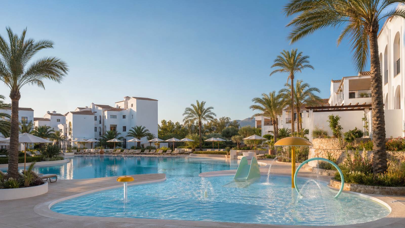 KI-generiertes Mallorca-Stimmungsbild eines mediterranen Hotel-Außenbereichs für den Hotelcheck des MARINER CLUB in Port D´Alcúdia