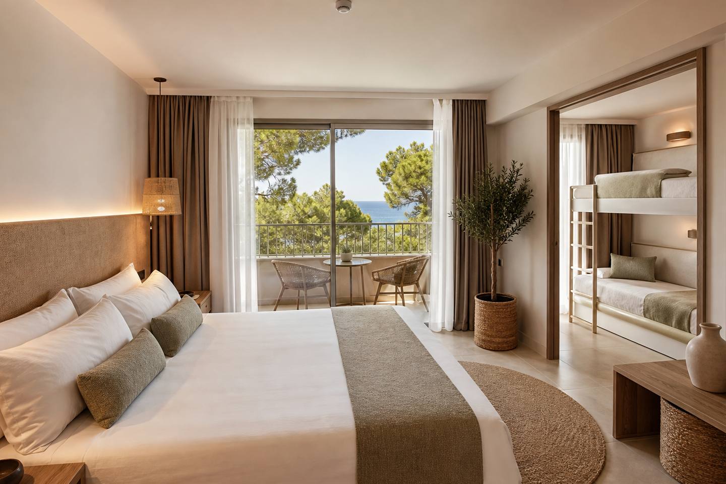 KI-generiertes redaktionelles Stimmungsbild eines mediterranen Hotelzimmers für den Hotelcheck des MARINER CLUB in Port D´Alcúdia