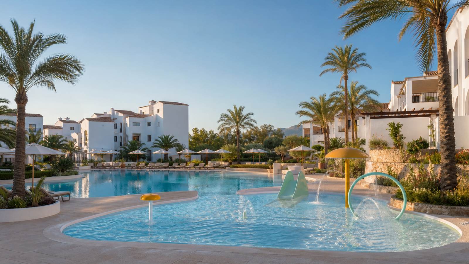KI-generiertes Mallorca-Stimmungsbild eines mediterranen Hotel-Außenbereichs für den Hotelcheck des Marins Beach Club in Cala Millor