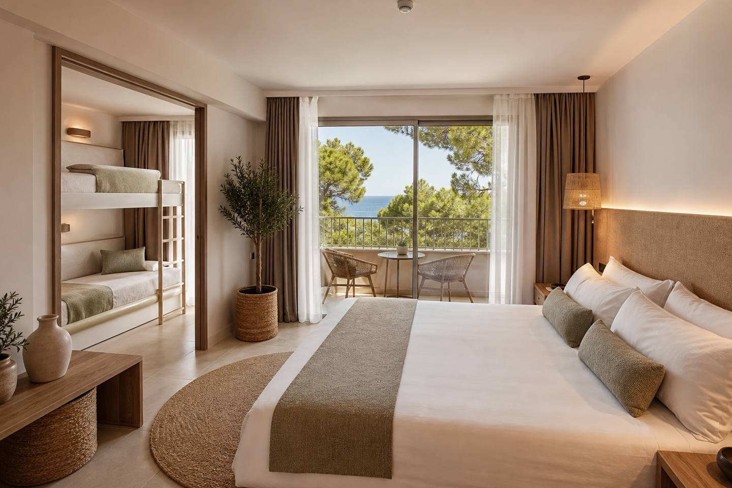 KI-generiertes redaktionelles Stimmungsbild eines mediterranen Hotelzimmers für den Hotelcheck des Marins Beach Club in Cala Millor