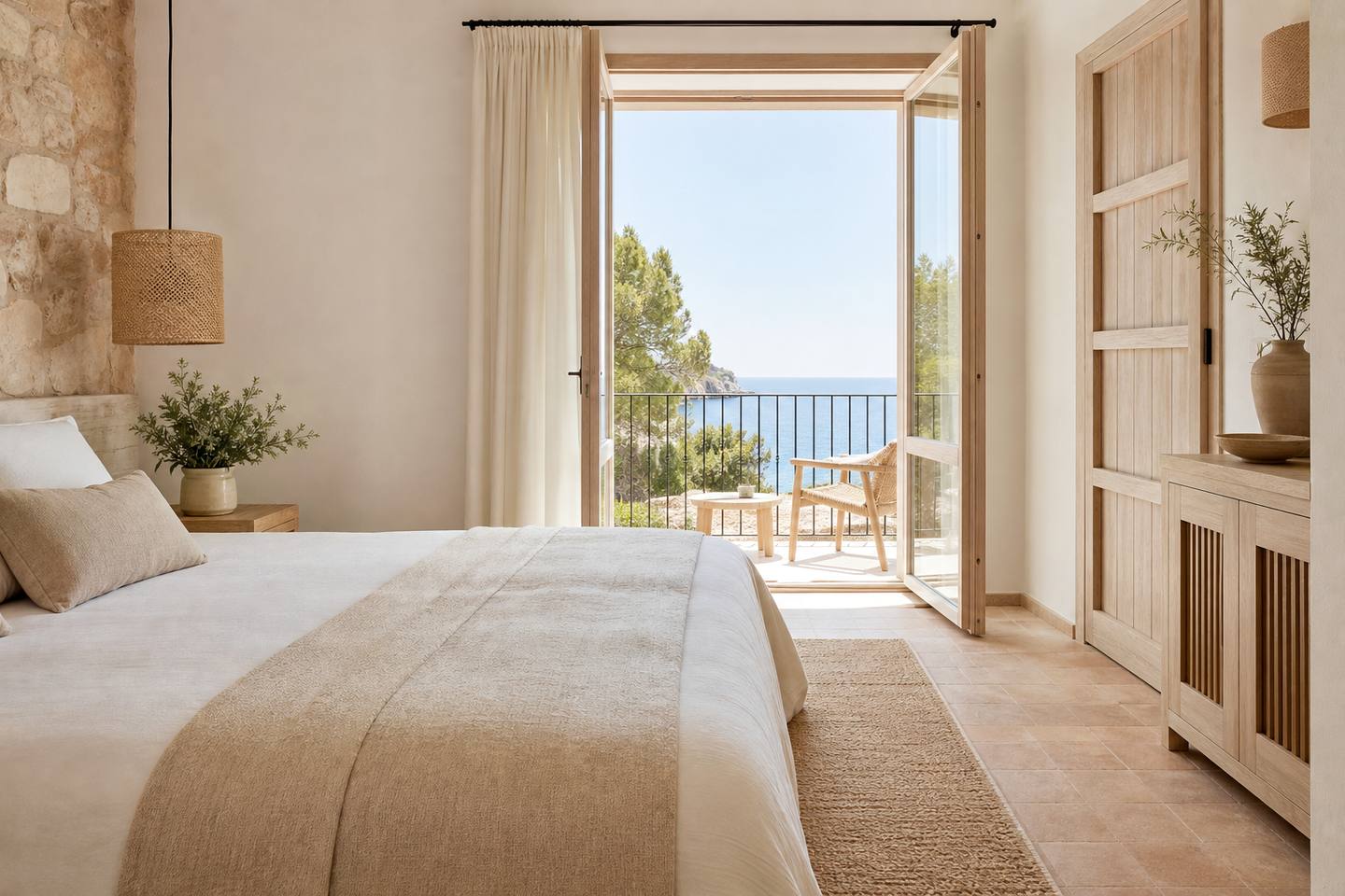 KI-generiertes redaktionelles Stimmungsbild eines mediterranen Hotelzimmers für den Hotelcheck des MARINS PLAYA in Cala Millor