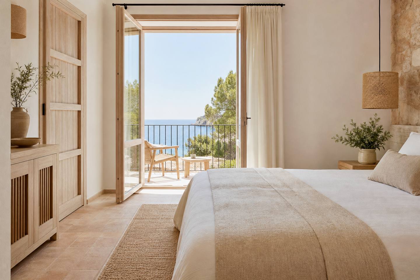 KI-generiertes redaktionelles Stimmungsbild eines mediterranen Hotelzimmers für den Hotelcheck des MARISTEL in Estellencs