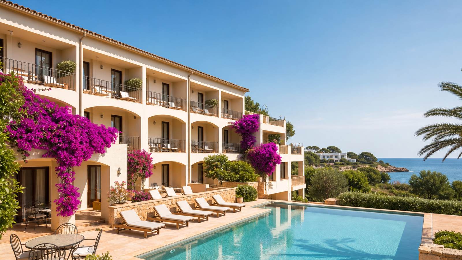 KI-generiertes Mallorca-Stimmungsbild eines mediterranen Hotel-Außenbereichs für den Hotelcheck des MARRIOTT CLUB SON ANTEM in Llucmajor