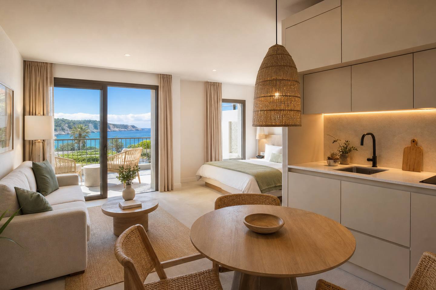 KI-generiertes redaktionelles Stimmungsbild eines mediterranen Hotelzimmers für den Hotelcheck des MARRIOTT CLUB SON ANTEM in Llucmajor