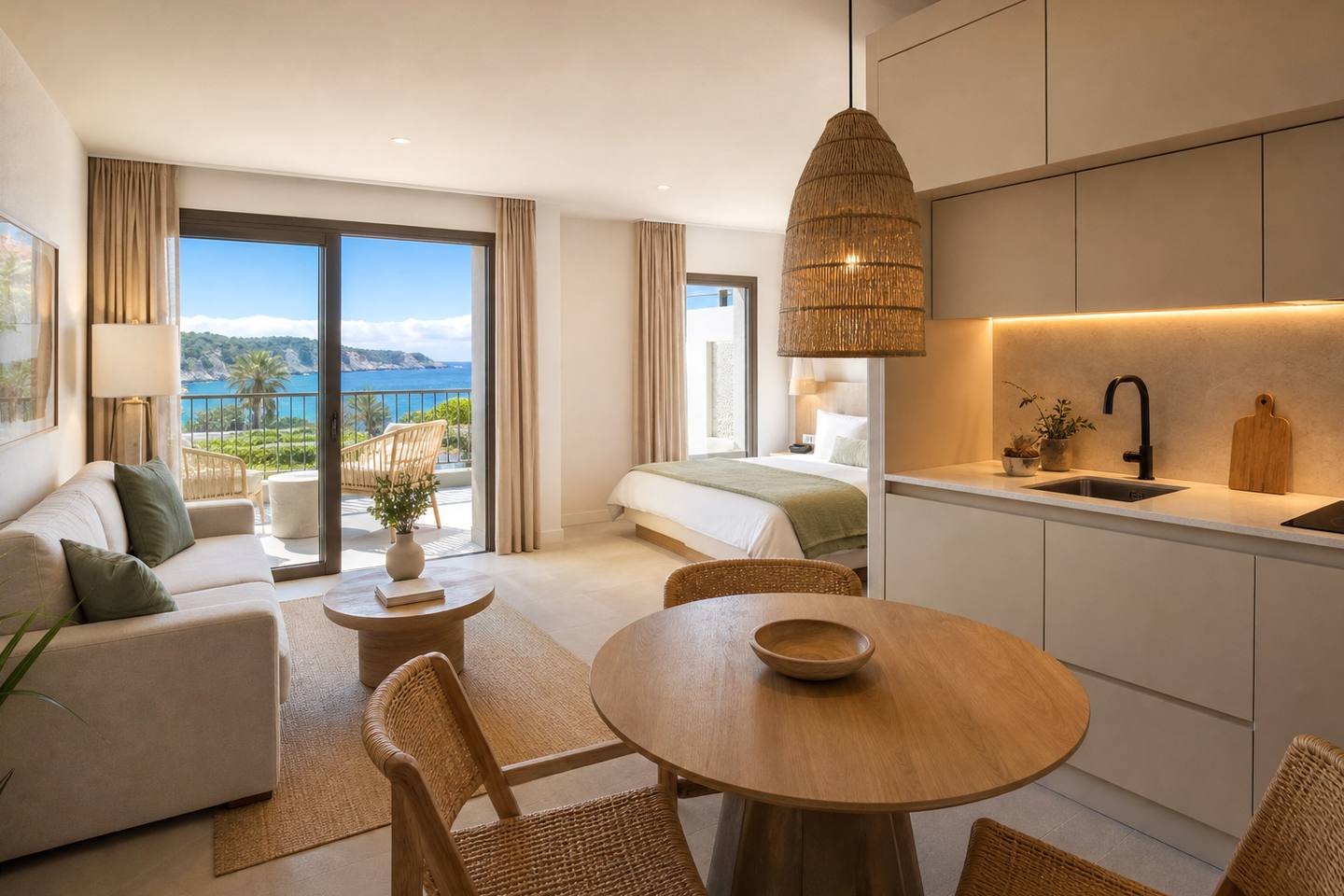 KI-generiertes redaktionelles Stimmungsbild eines mediterranen Hotelzimmers für den Hotelcheck des Marsenses Ferrera Blanca Hotel & Apartamentos in Cala Ferrera