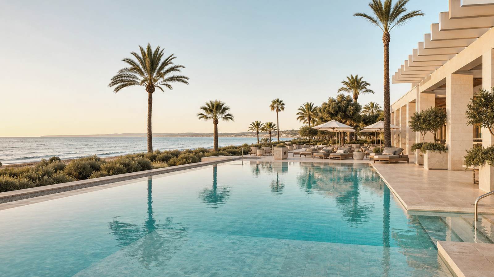 KI-generiertes Mallorca-Stimmungsbild eines mediterranen Hotel-Außenbereichs für den Hotelcheck des MARTE in Port D´Alcúdia