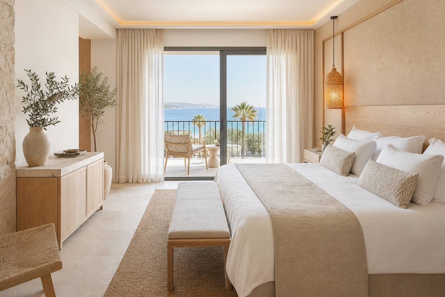 KI-generiertes redaktionelles Stimmungsbild eines mediterranen Hotelzimmers für den Hotelcheck des MARTE in Port D´Alcúdia