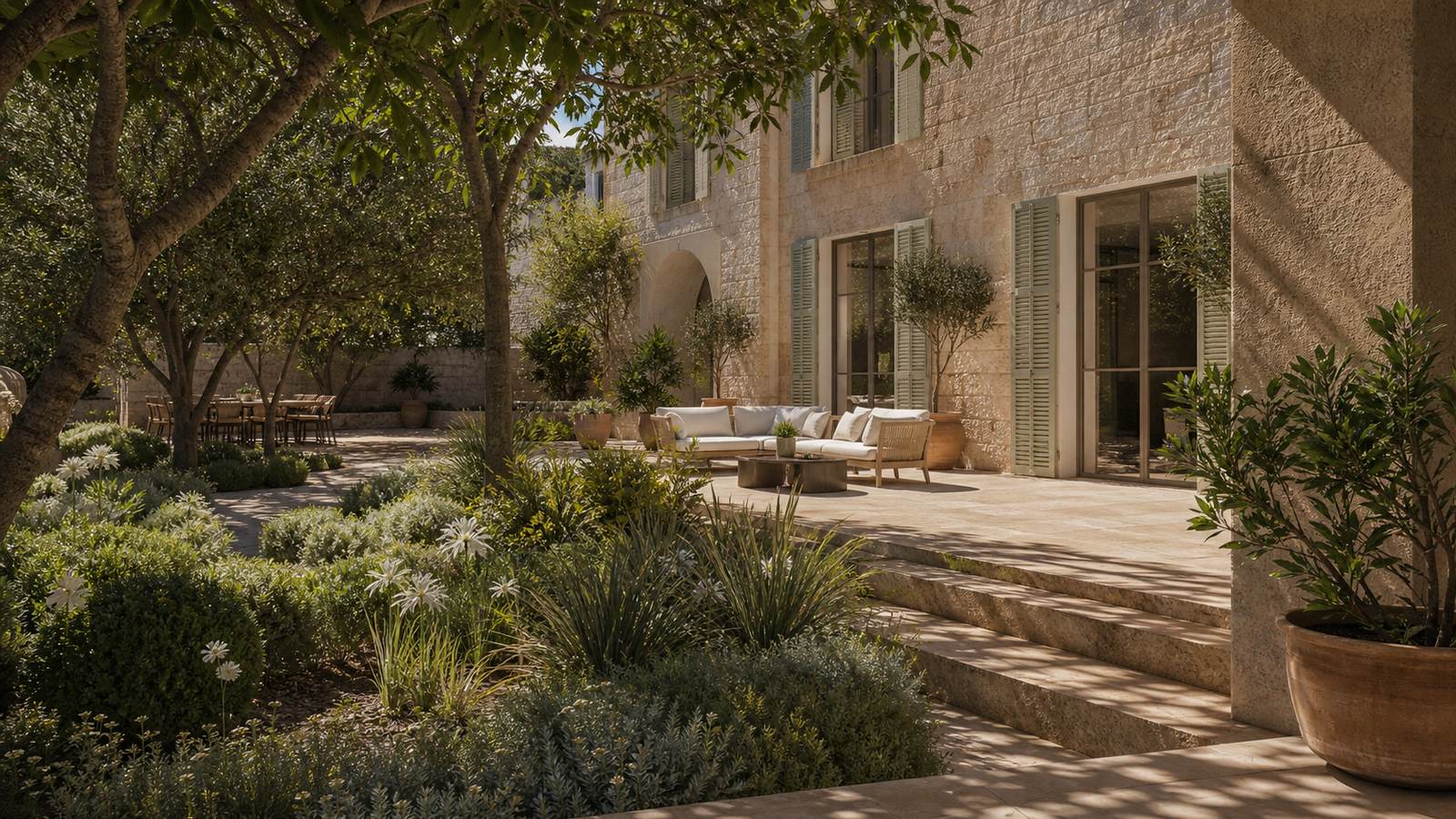 KI-generiertes Mallorca-Stimmungsbild eines mediterranen Hotel-Außenbereichs für den Hotelcheck des MELIA CALA D´OR in Cala D´Or