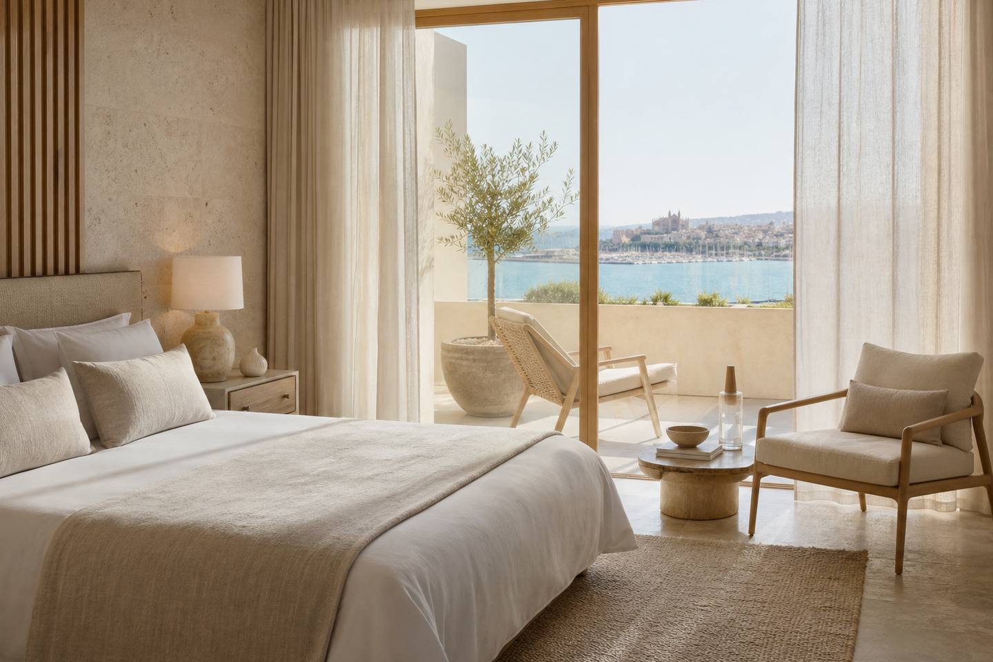 KI-generiertes redaktionelles Stimmungsbild eines mediterranen Hotelzimmers für den Hotelcheck des MELIA CALA D´OR in Cala D´Or