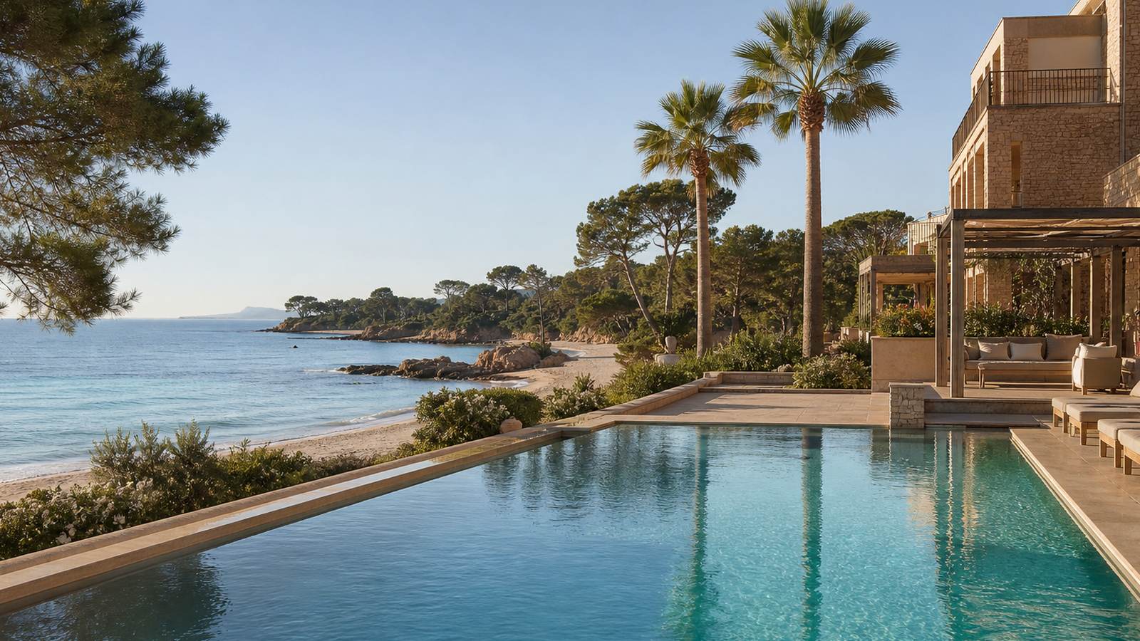 KI-generiertes Mallorca-Stimmungsbild eines mediterranen Hotel-Außenbereichs für den Hotelcheck des MELIA CALVIA BEACH in Magaluf