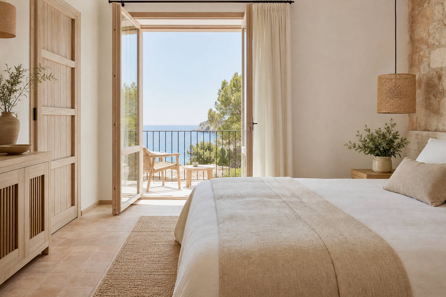 KI-generiertes redaktionelles Stimmungsbild eines mediterranen Hotelzimmers für den Hotelcheck des MELIA CALVIA BEACH in Magaluf