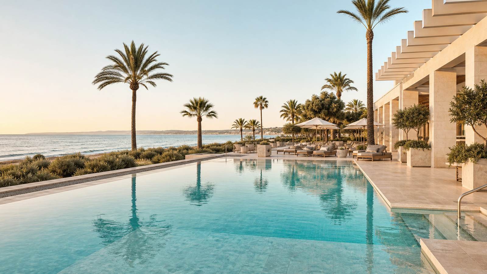 KI-generiertes Mallorca-Stimmungsbild eines mediterranen Hotel-Außenbereichs für den Hotelcheck des MELIÀ SOUTH BEACH in Magaluf