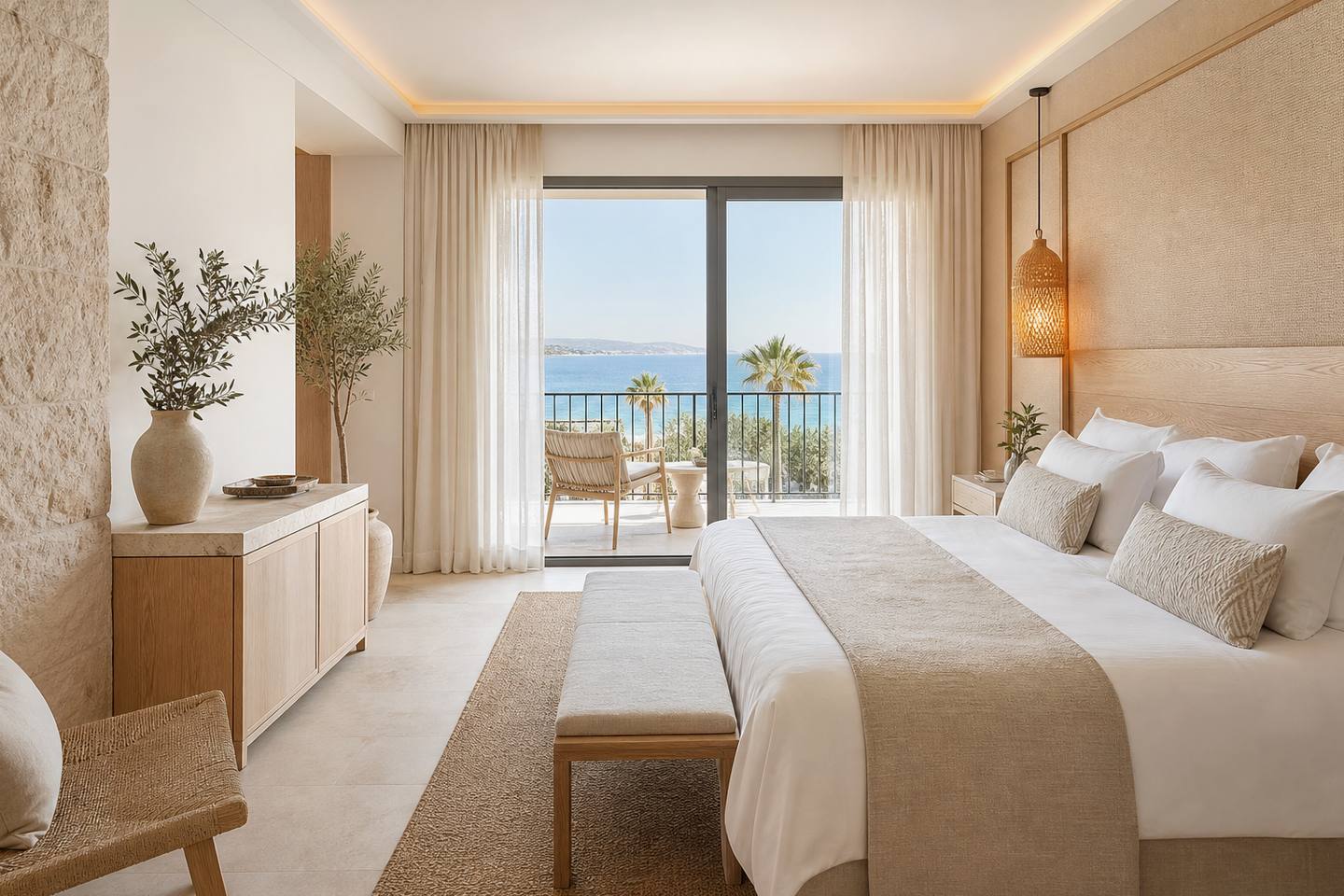 KI-generiertes redaktionelles Stimmungsbild eines mediterranen Hotelzimmers für den Hotelcheck des MELIÀ SOUTH BEACH in Magaluf