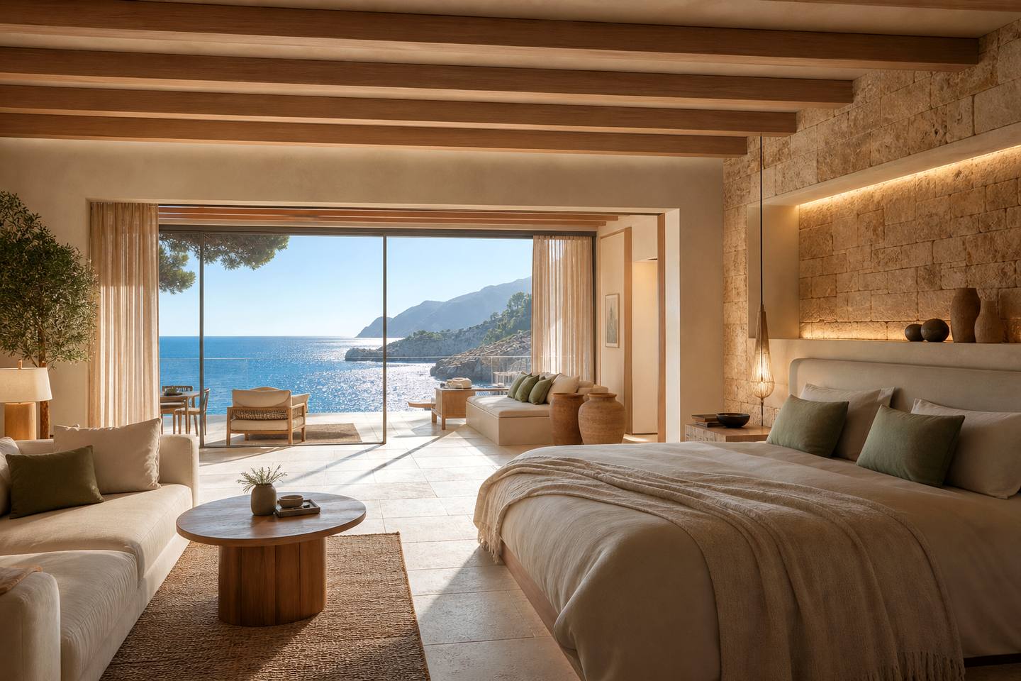 KI-generiertes redaktionelles Stimmungsbild eines mediterranen Hotelzimmers für den Hotelcheck des MINISTER in Sóller