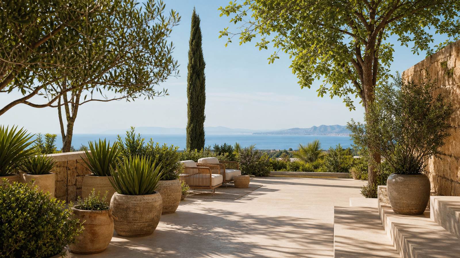 KI-generiertes Mallorca-Stimmungsbild eines mediterranen Hotel-Außenbereichs für den Hotelcheck des MON PORT in Port D´Andratx