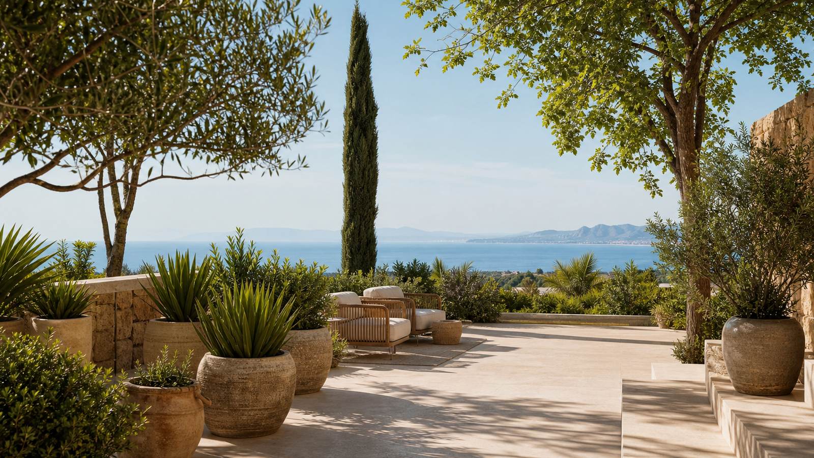 KI-generiertes Mallorca-Stimmungsbild eines mediterranen Hotel-Außenbereichs für den Hotelcheck des MORLANS SUITES in Peguera