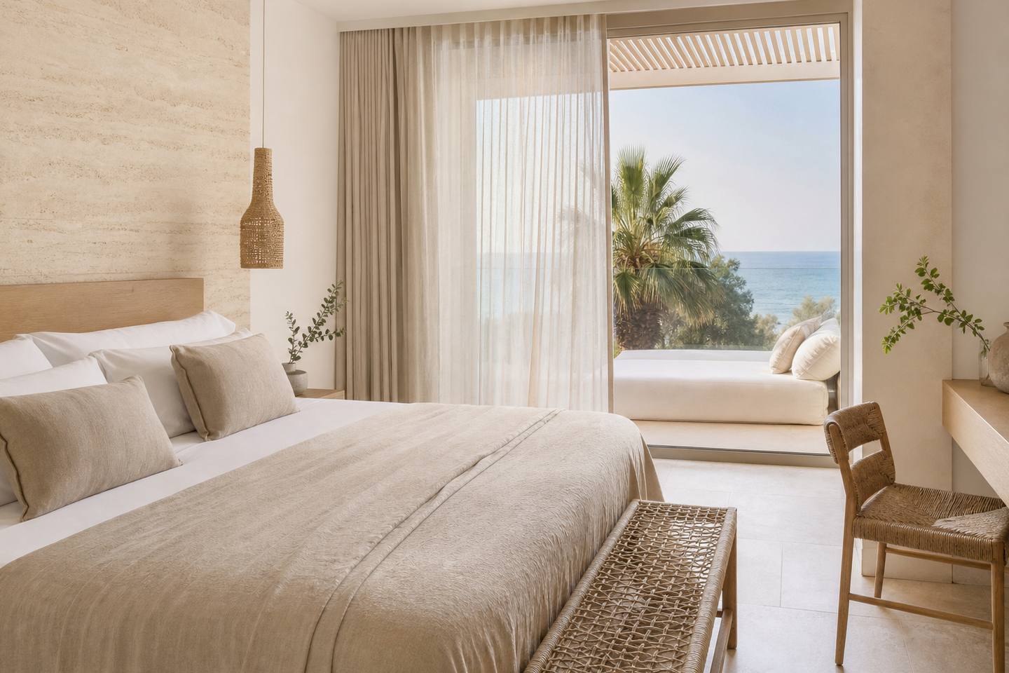 KI-generiertes redaktionelles Stimmungsbild eines mediterranen Hotelzimmers für den Hotelcheck des MORLANS SUITES in Peguera