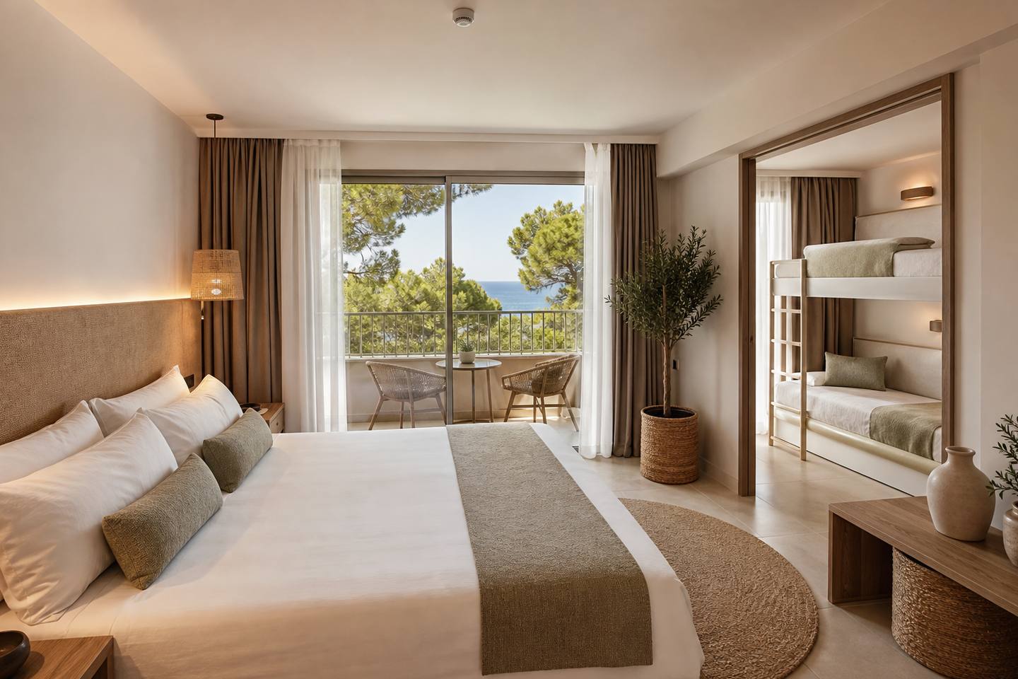 KI-generiertes redaktionelles Stimmungsbild eines mediterranen Hotelzimmers für den Hotelcheck des MULETA DE CA S´HEREU in Port (El)
