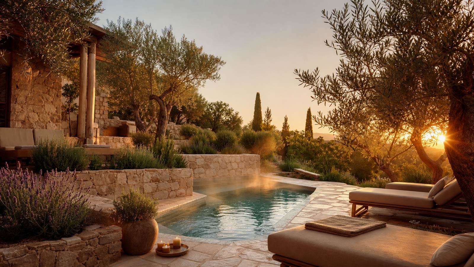 KI-generiertes Mallorca-Stimmungsbild eines mediterranen Hotel-Außenbereichs für den Hotelcheck des NILO&SPA in Peguera