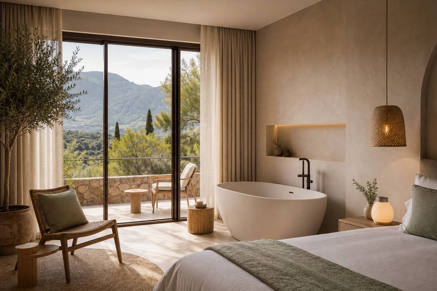 KI-generiertes redaktionelles Stimmungsbild eines mediterranen Hotelzimmers für den Hotelcheck des NILO&SPA in Peguera