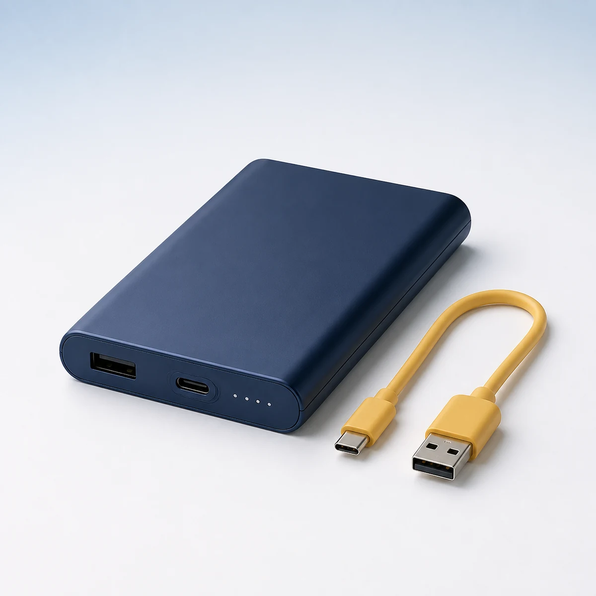 Markenfreie kompakte blaue Powerbank mit kurzem Ladekabel