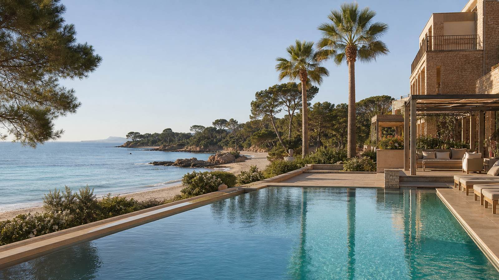 KI-generiertes Mallorca-Stimmungsbild eines mediterranen Hotel-Außenbereichs für den Hotelcheck des NORDESTE PLAYA in Can Picafort