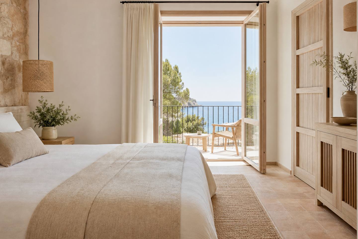 KI-generiertes redaktionelles Stimmungsbild eines mediterranen Hotelzimmers für den Hotelcheck des NORDESTE PLAYA in Can Picafort