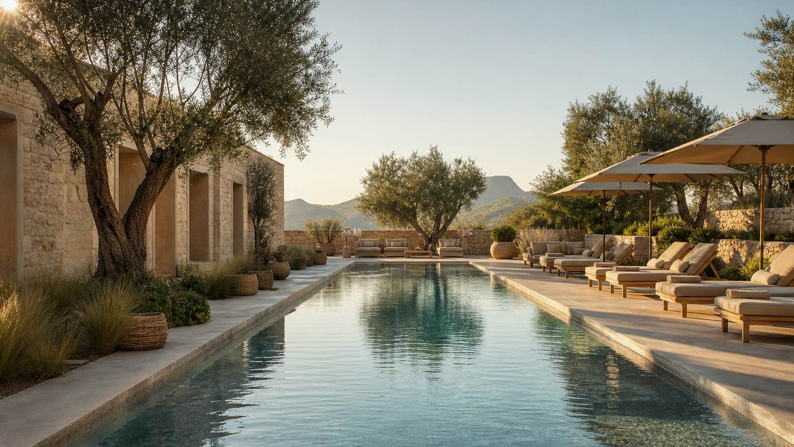 KI-generiertes Mallorca-Stimmungsbild eines mediterranen Hotel-Außenbereichs für den Hotelcheck des O7 Alondra in Cala Rajada