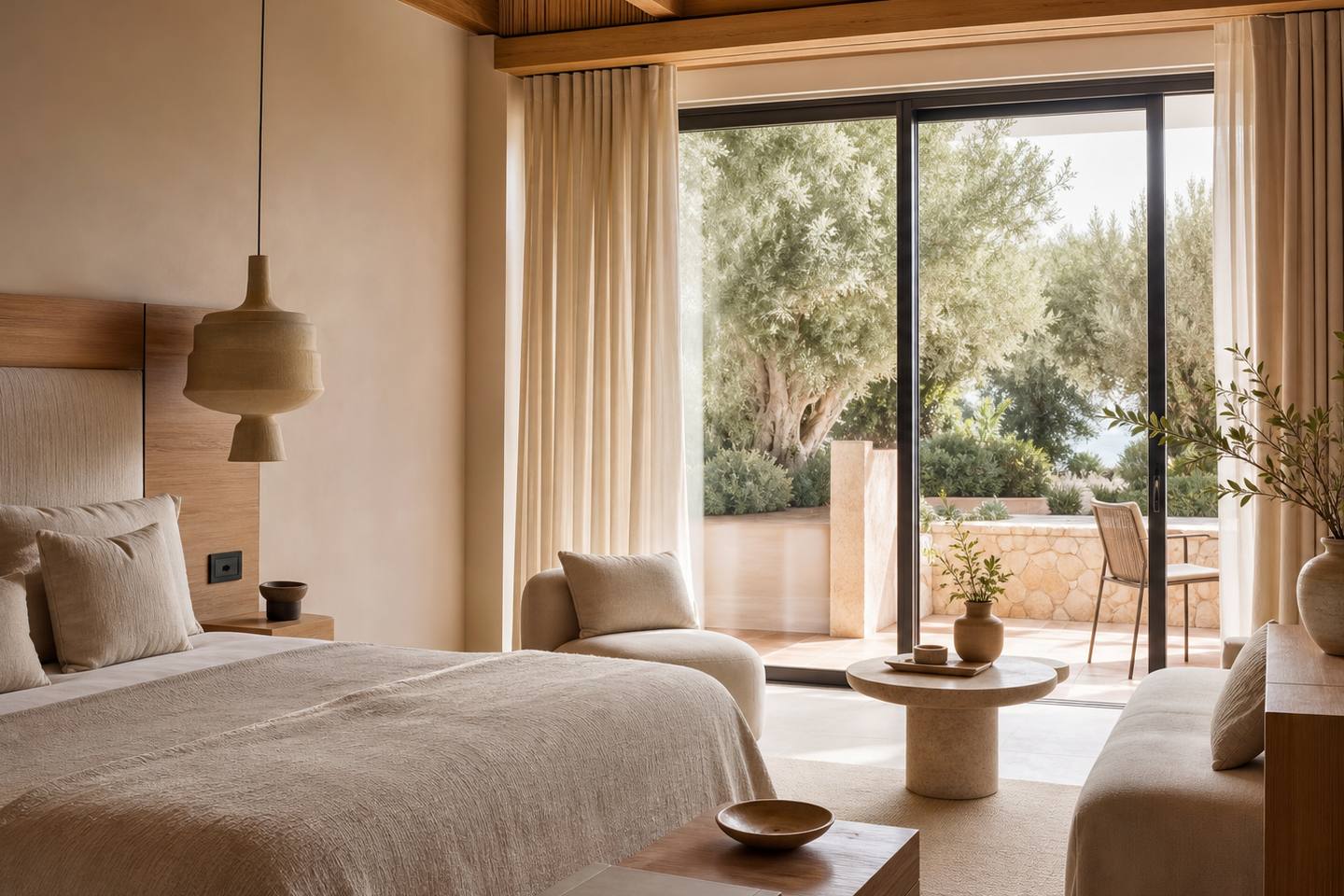 KI-generiertes redaktionelles Stimmungsbild eines mediterranen Hotelzimmers für den Hotelcheck des O7 Alondra in Cala Rajada