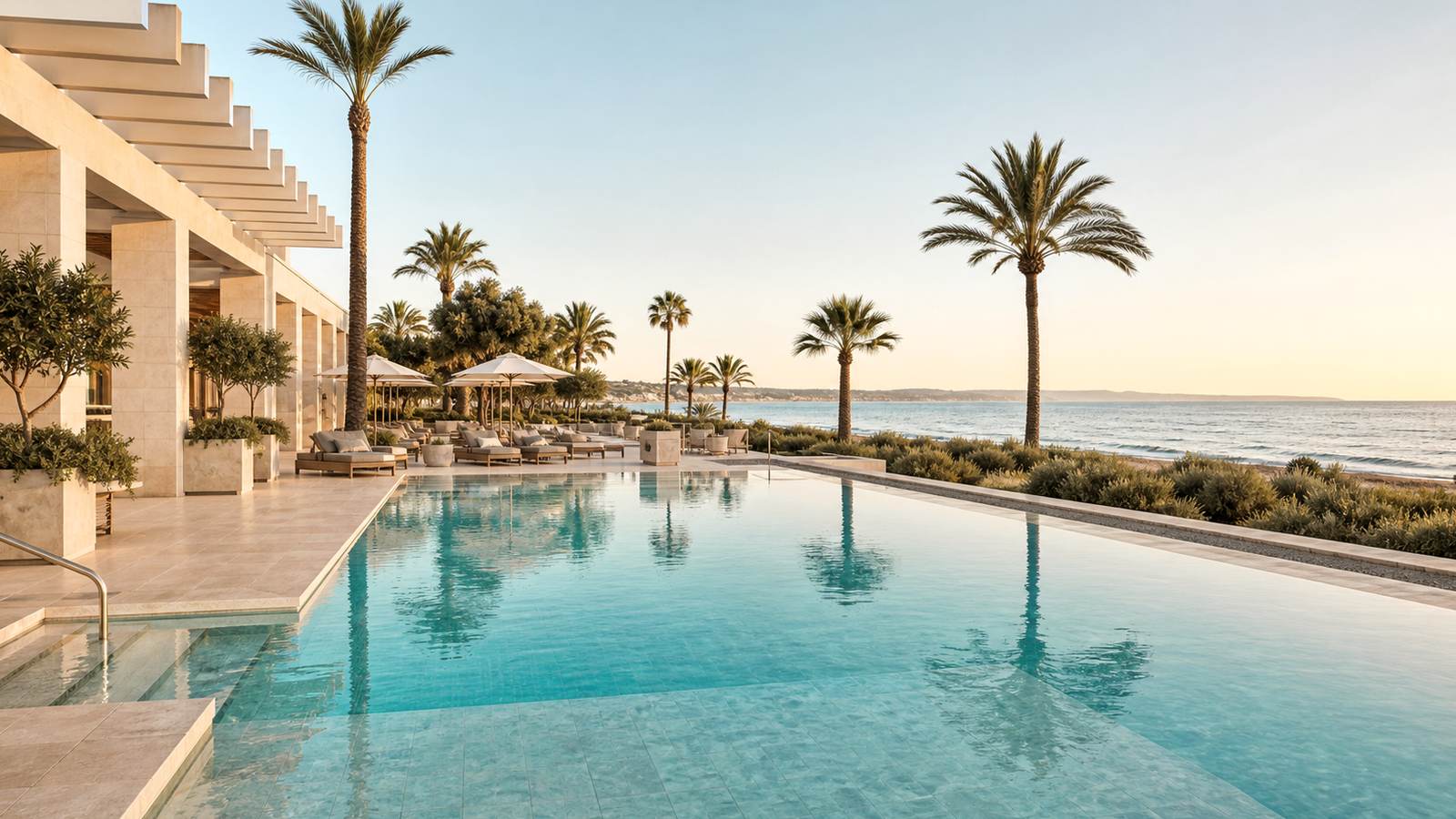 KI-generiertes Mallorca-Stimmungsbild eines mediterranen Hotel-Außenbereichs für den Hotelcheck des O7 Club Cala Ratjada in Cala Rajada