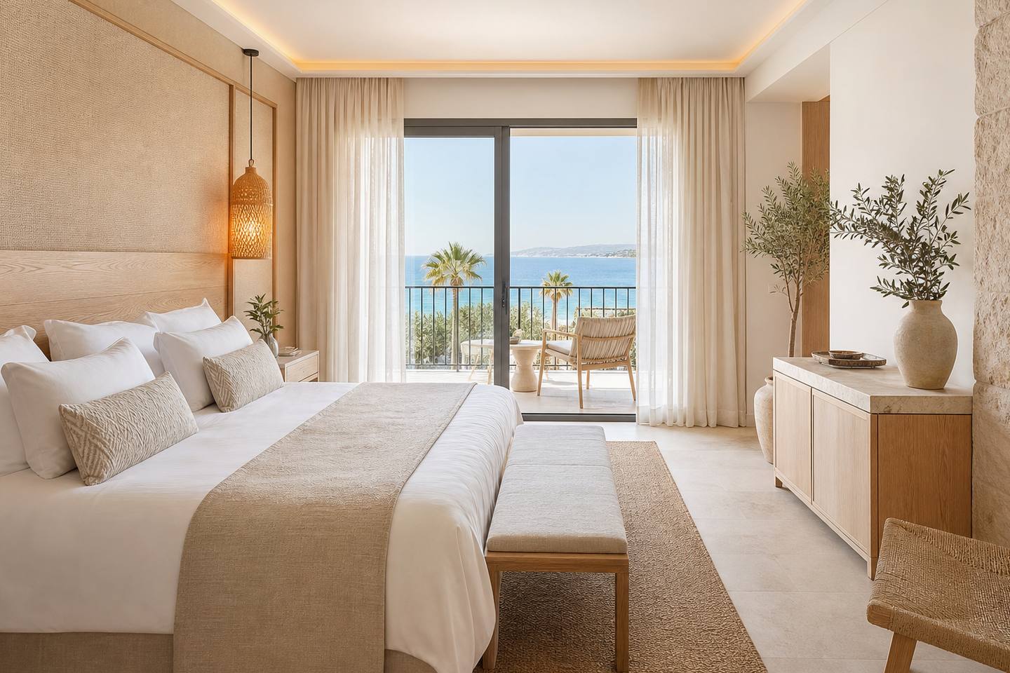 KI-generiertes redaktionelles Stimmungsbild eines mediterranen Hotelzimmers für den Hotelcheck des O7 Club Cala Ratjada in Cala Rajada