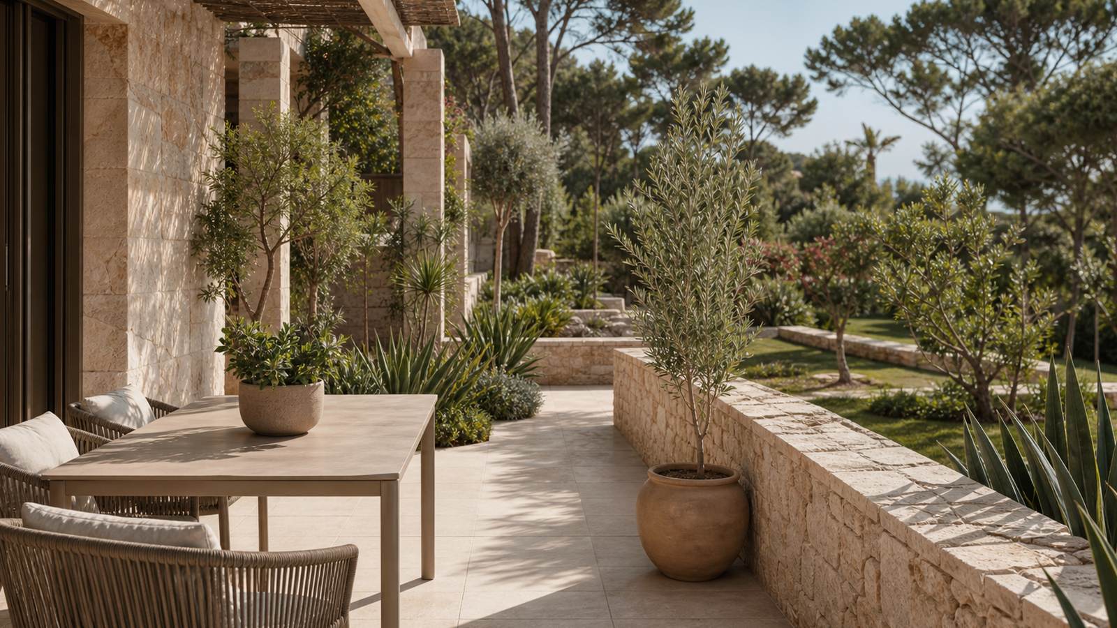 KI-generiertes Mallorca-Stimmungsbild eines mediterranen Hotel-Außenbereichs für den Hotelcheck des OCCIDENTAL CALA VIÑAS in Cala Vinyes
