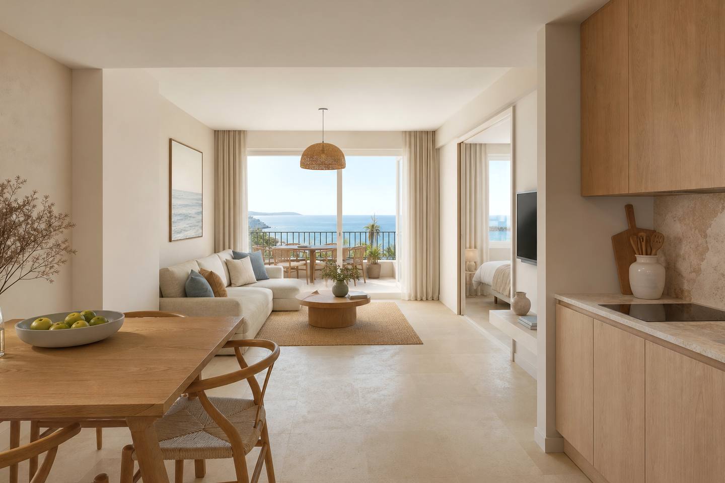 KI-generiertes redaktionelles Stimmungsbild eines mediterranen Hotelzimmers für den Hotelcheck des OCCIDENTAL CALA VIÑAS in Cala Vinyes