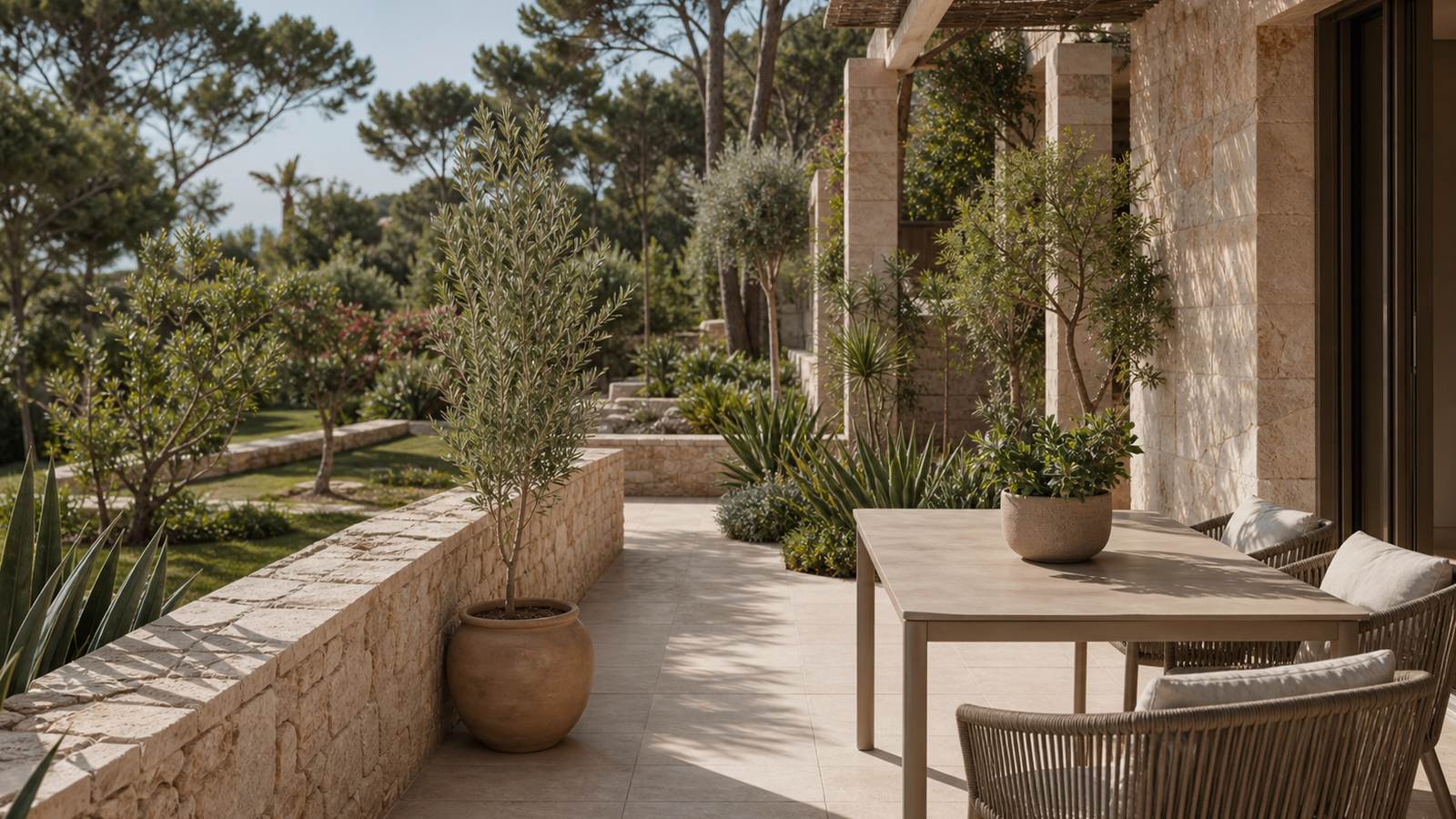 KI-generiertes Mallorca-Stimmungsbild eines mediterranen Hotel-Außenbereichs für den Hotelcheck des OCCIDENTAL PLAYA DE PALMA in Platja De Palma
