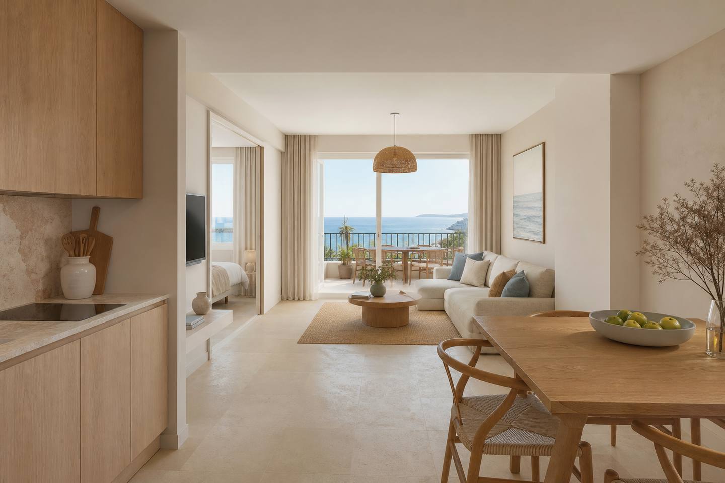 KI-generiertes redaktionelles Stimmungsbild eines mediterranen Hotelzimmers für den Hotelcheck des OCCIDENTAL PLAYA DE PALMA in Platja De Palma