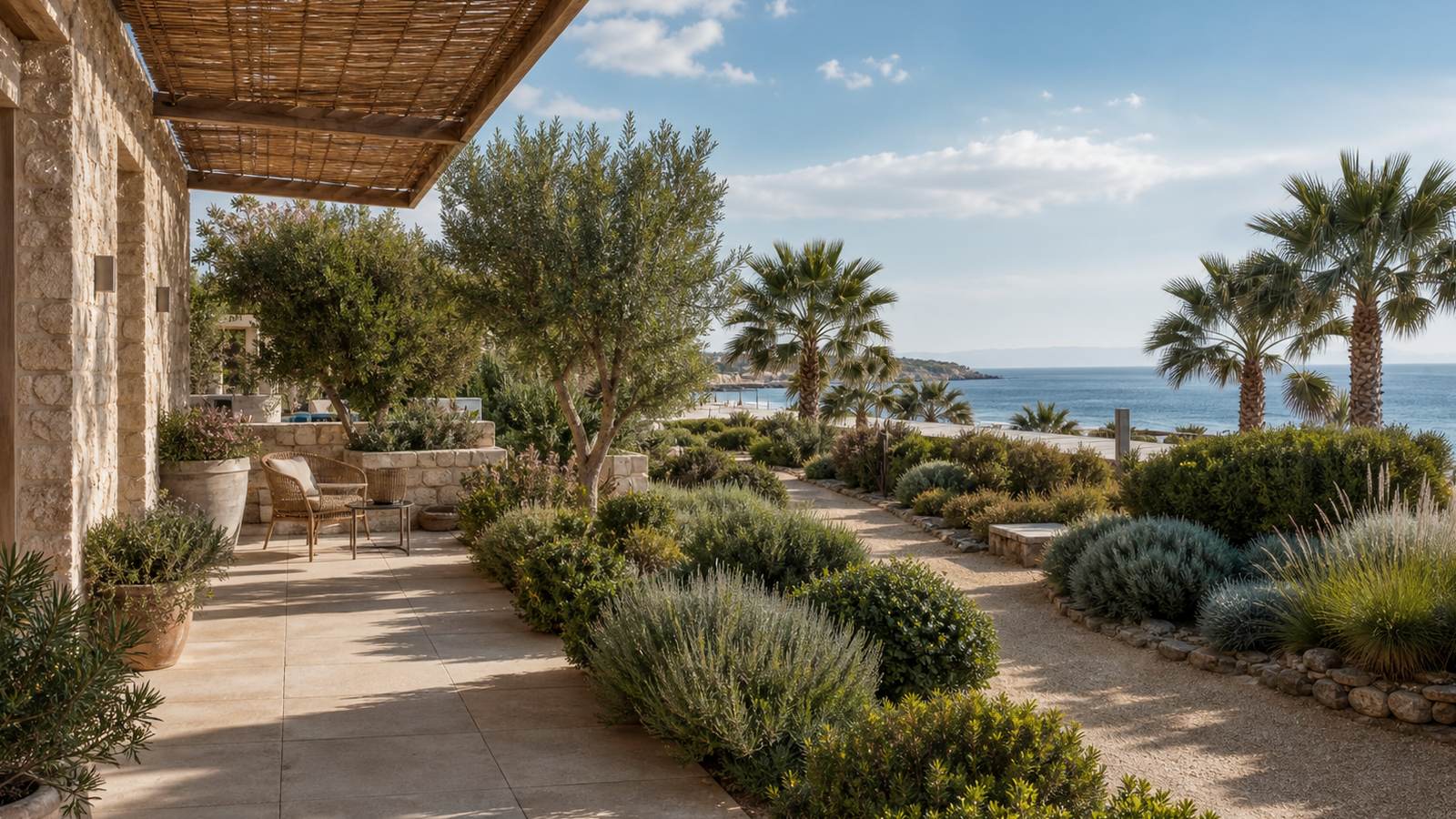 KI-generiertes Mallorca-Stimmungsbild eines mediterranen Hotel-Außenbereichs für den Hotelcheck des ONA VILLAGE CALA D´OR in Cala D´Or