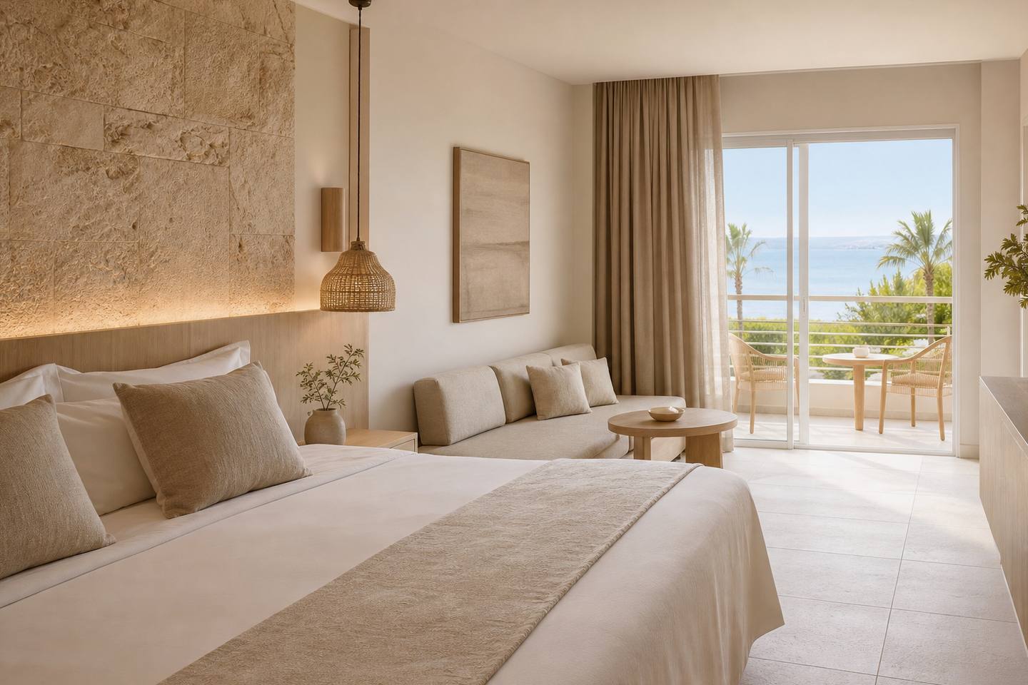 KI-generiertes redaktionelles Stimmungsbild eines mediterranen Hotelzimmers für den Hotelcheck des ONA VILLAGE CALA D´OR in Cala D´Or