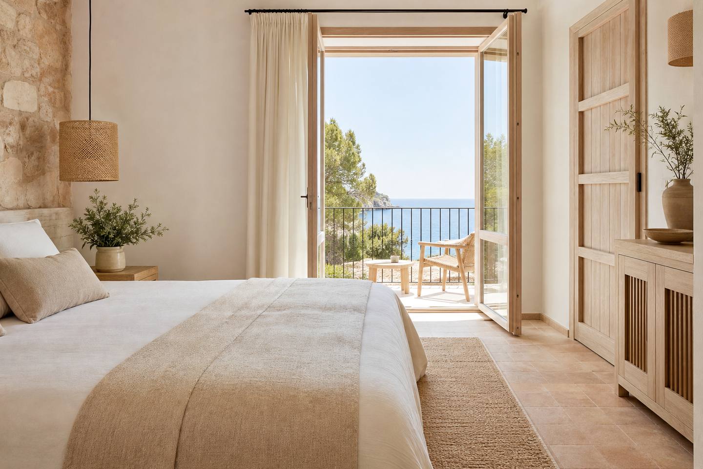 KI-generiertes redaktionelles Stimmungsbild eines mediterranen Hotelzimmers für den Hotelcheck des ORIENT BEACH in Coma (La)