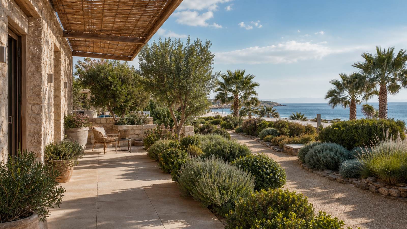 KI-generiertes Mallorca-Stimmungsbild eines mediterranen Hotel-Außenbereichs für den Hotelcheck des PAGUERA PARK in Peguera