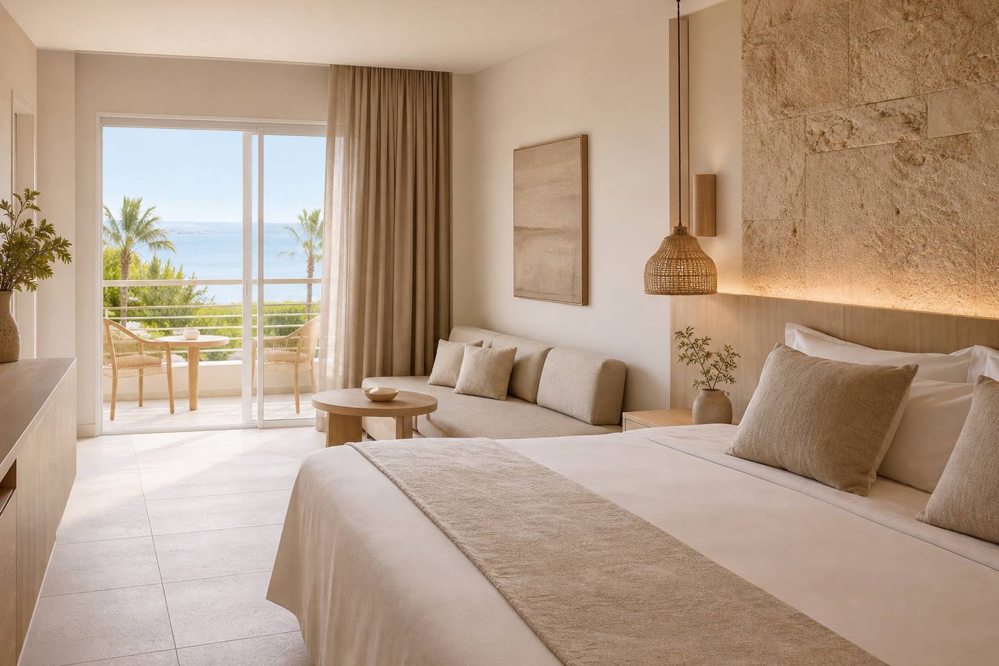 KI-generiertes redaktionelles Stimmungsbild eines mediterranen Hotelzimmers für den Hotelcheck des PAGUERA PARK in Peguera