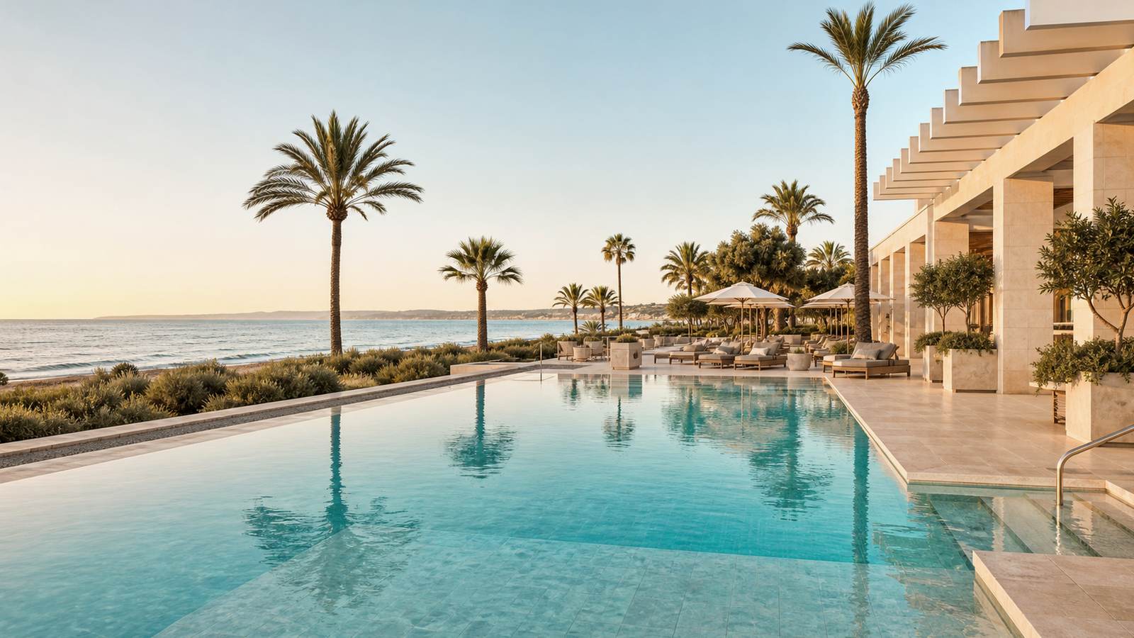 KI-generiertes Mallorca-Stimmungsbild eines mediterranen Hotel-Außenbereichs für den Hotelcheck des PALIA HOTEL MARIA EUGENIA in Cales De Mallorca
