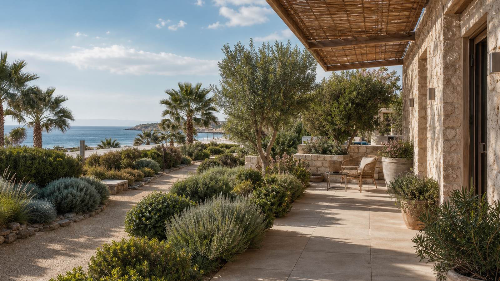 KI-generiertes Mallorca-Stimmungsbild eines mediterranen Hotel-Außenbereichs für den Hotelcheck des PALMA BAY CLUB in Platja De Palma