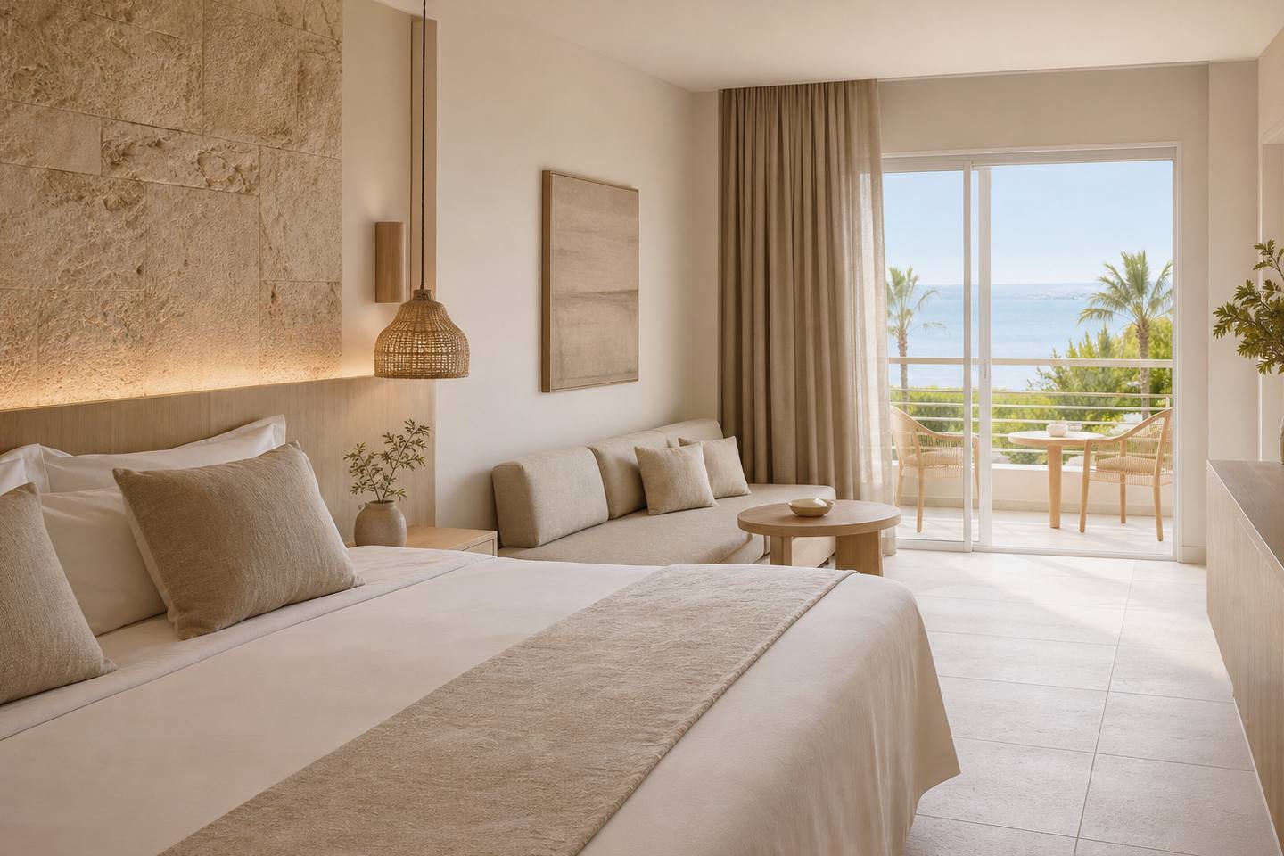 KI-generiertes redaktionelles Stimmungsbild eines mediterranen Hotelzimmers für den Hotelcheck des PALMA BAY CLUB in Platja De Palma