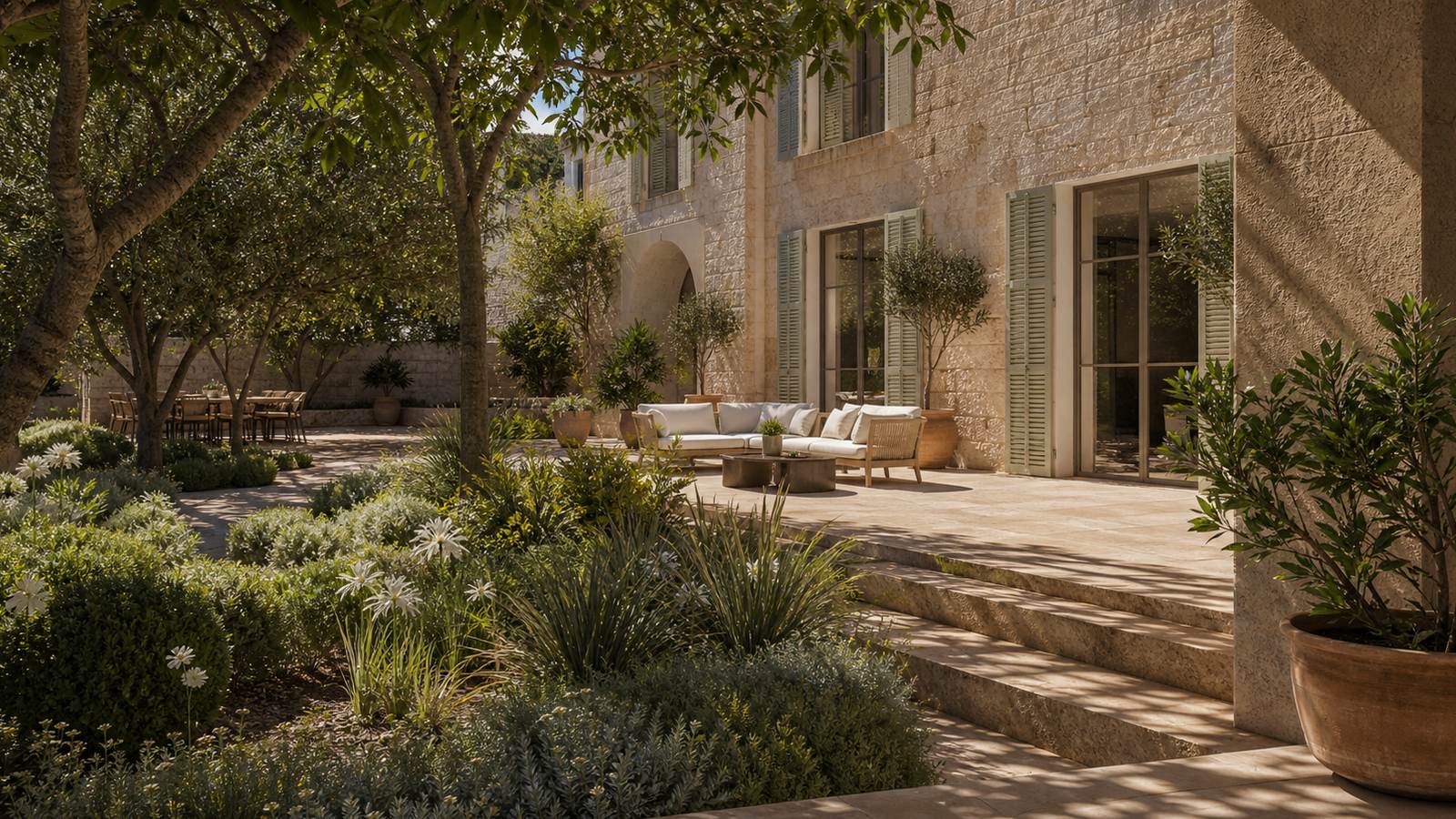 KI-generiertes Mallorca-Stimmungsbild eines mediterranen Hotel-Außenbereichs für den Hotelcheck des PARK HYATT MALLORCA in Canyamel