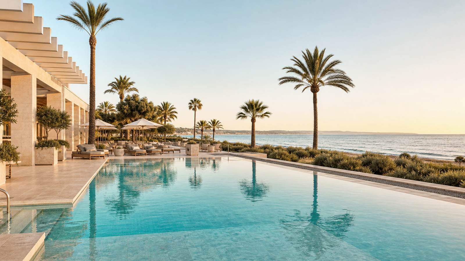 KI-generiertes Mallorca-Stimmungsbild eines mediterranen Hotel-Außenbereichs für den Hotelcheck des PARQUE MAR in Cala D´Or