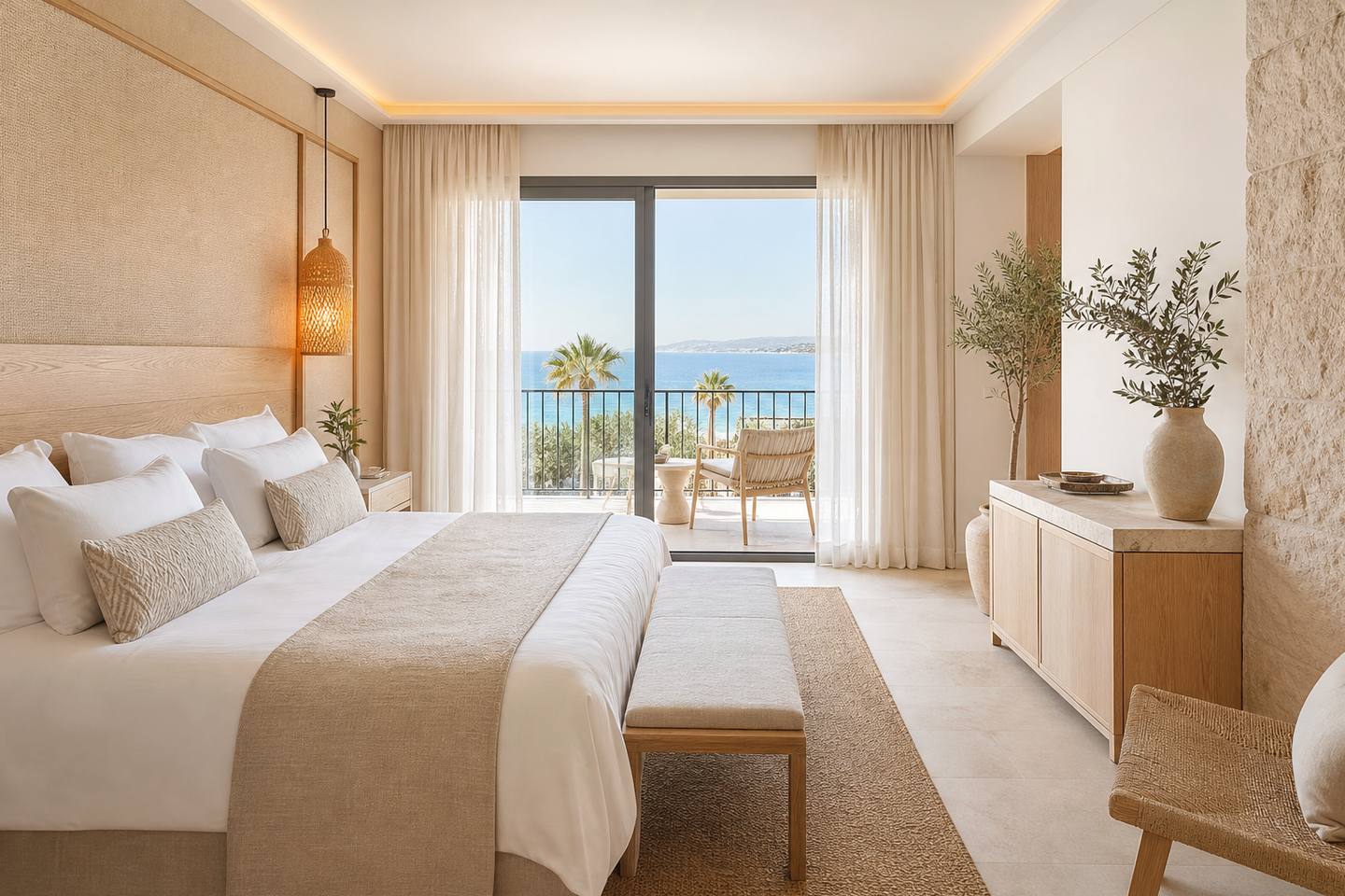 KI-generiertes redaktionelles Stimmungsbild eines mediterranen Hotelzimmers für den Hotelcheck des PARQUE MAR in Cala D´Or