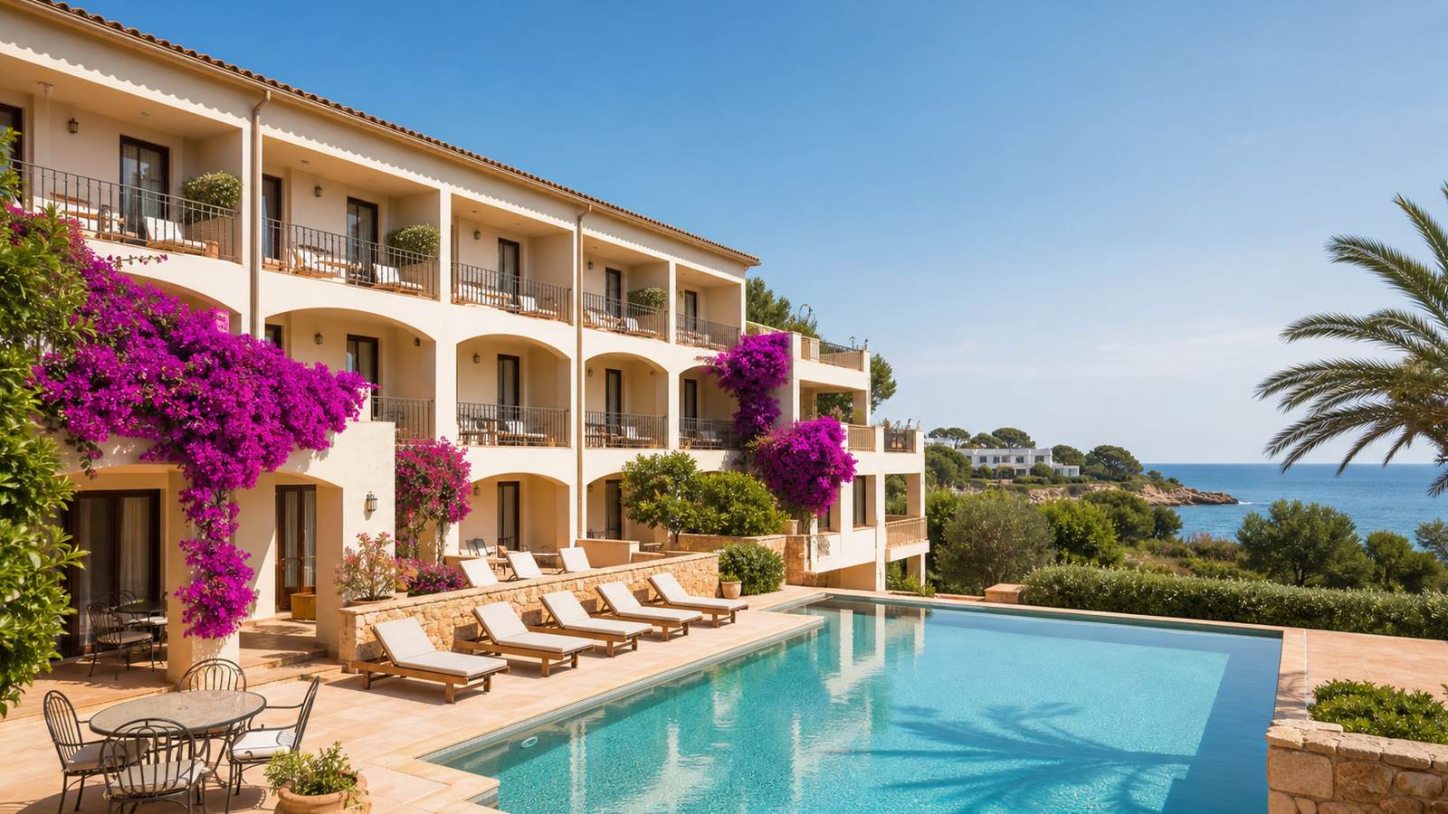 KI-generiertes Mallorca-Stimmungsbild eines mediterranen Hotel-Außenbereichs für den Hotelcheck des PIL·LARI PLAYA in Platja De Palma