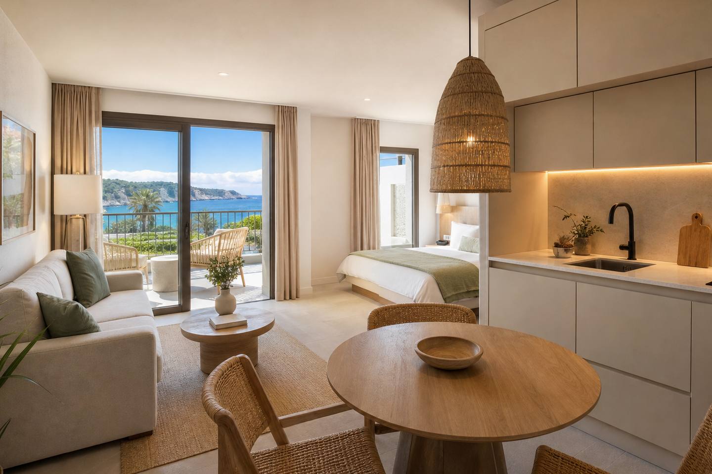 KI-generiertes redaktionelles Stimmungsbild eines mediterranen Hotelzimmers für den Hotelcheck des PIL·LARI PLAYA in Platja De Palma