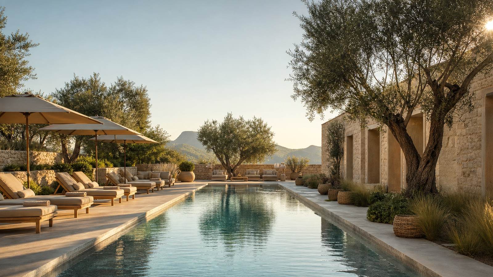 KI-generiertes Mallorca-Stimmungsbild eines mediterranen Hotel-Außenbereichs für den Hotelcheck des PINOS PLAYA in Cala Santanyí